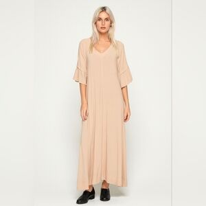 A mente Medium Sand Beige Rayon Maxi Dress Flowy V-Neck Minimal Chic #1714